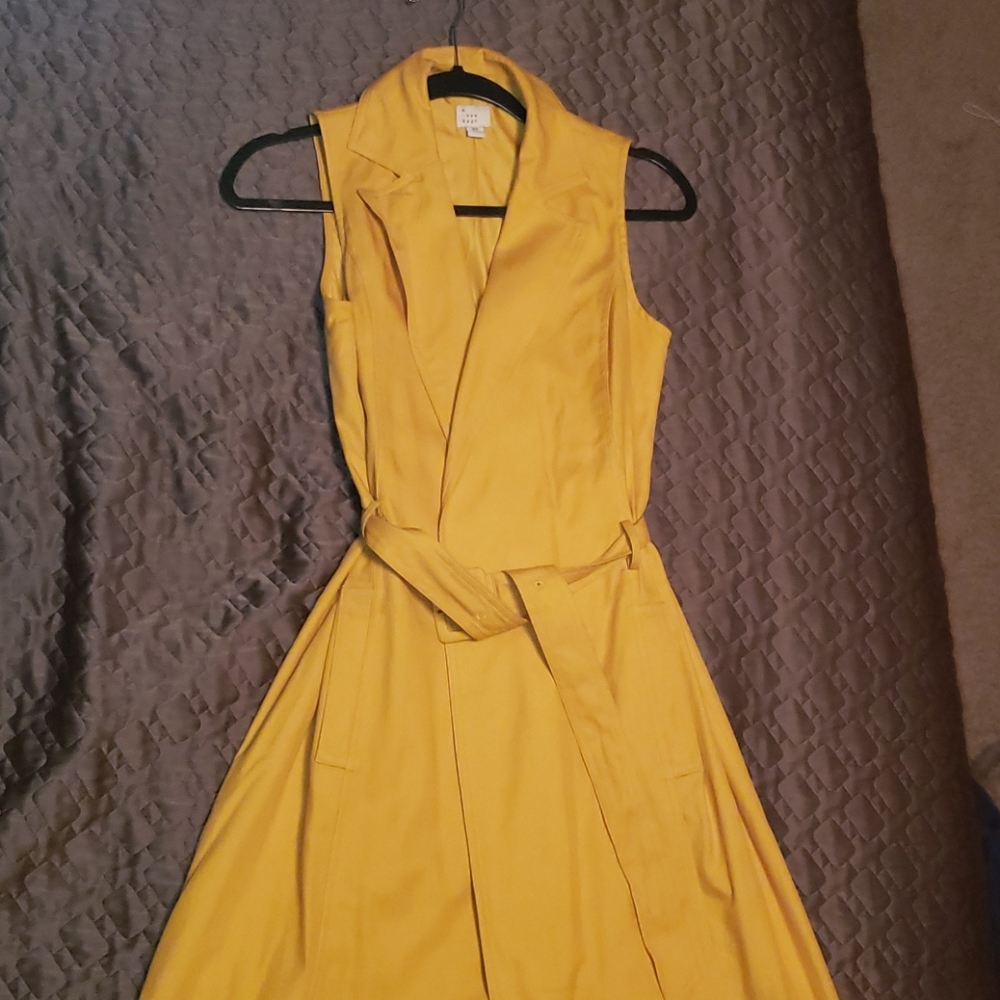 Mustard Yellow sleeveless trenchcoat.